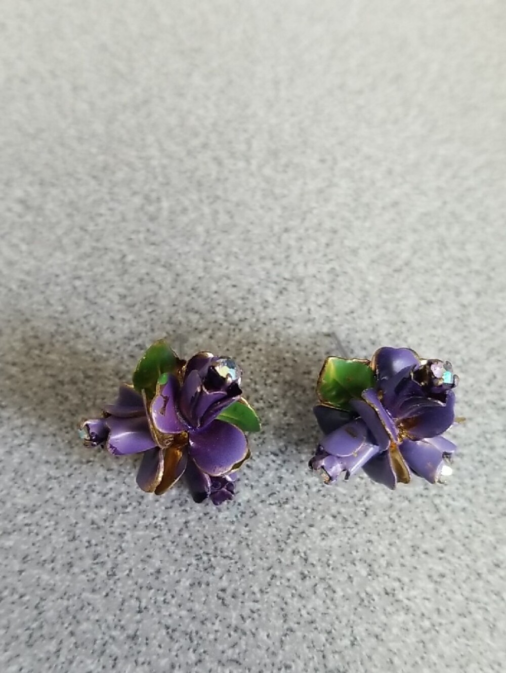Vintage Purple Enamel Flower With Iridescent Crystal Stud Earrings
